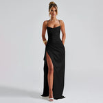 European and American Cross-Border Women's Fashion Spaghetti Strap Backless Slit Tie-Back Slim Sexy Light Luxury Evening Long Dress
