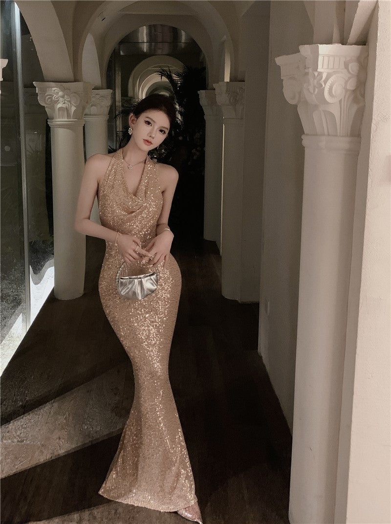 Light Luxury Style Heavy Industry Sequins Host Engagement Evening Dress Cross-Border Women's Autumn New Banquet Dress