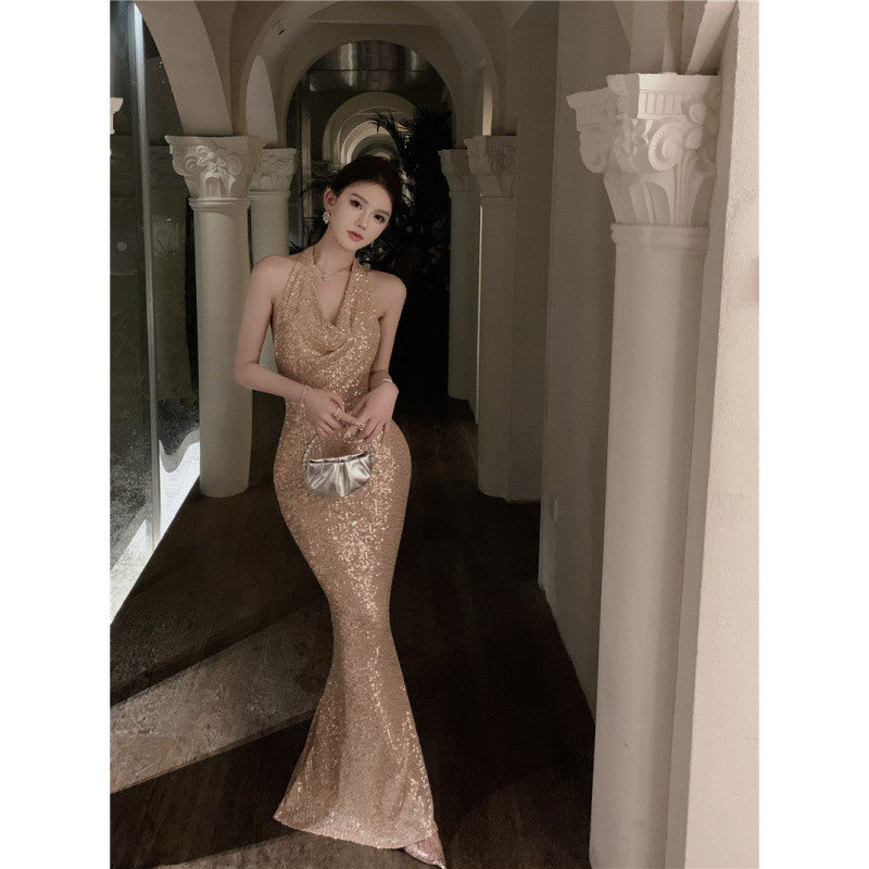 Light Luxury Style Heavy Industry Sequins Host Engagement Evening Dress Cross-Border Women's Autumn New Banquet Dress