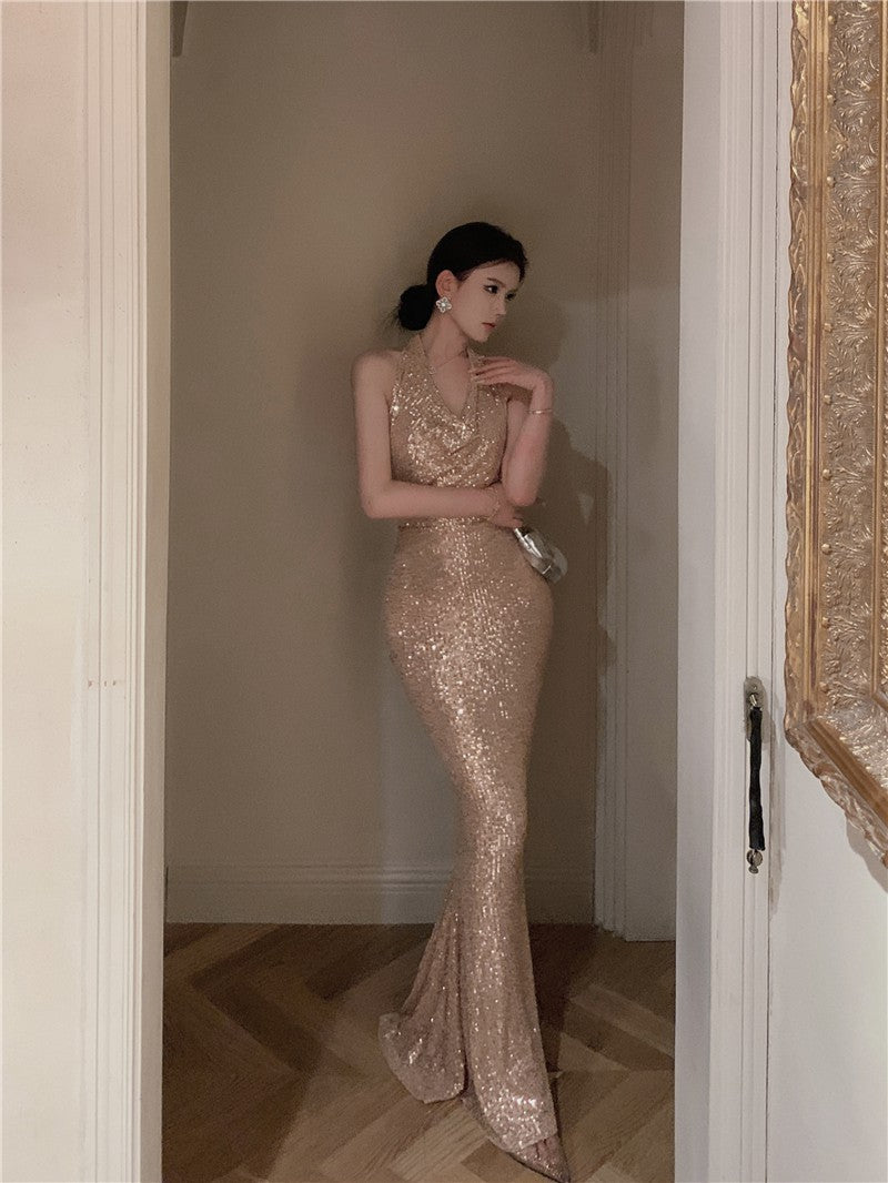 Light Luxury Style Heavy Industry Sequins Host Engagement Evening Dress Cross-Border Women's Autumn New Banquet Dress
