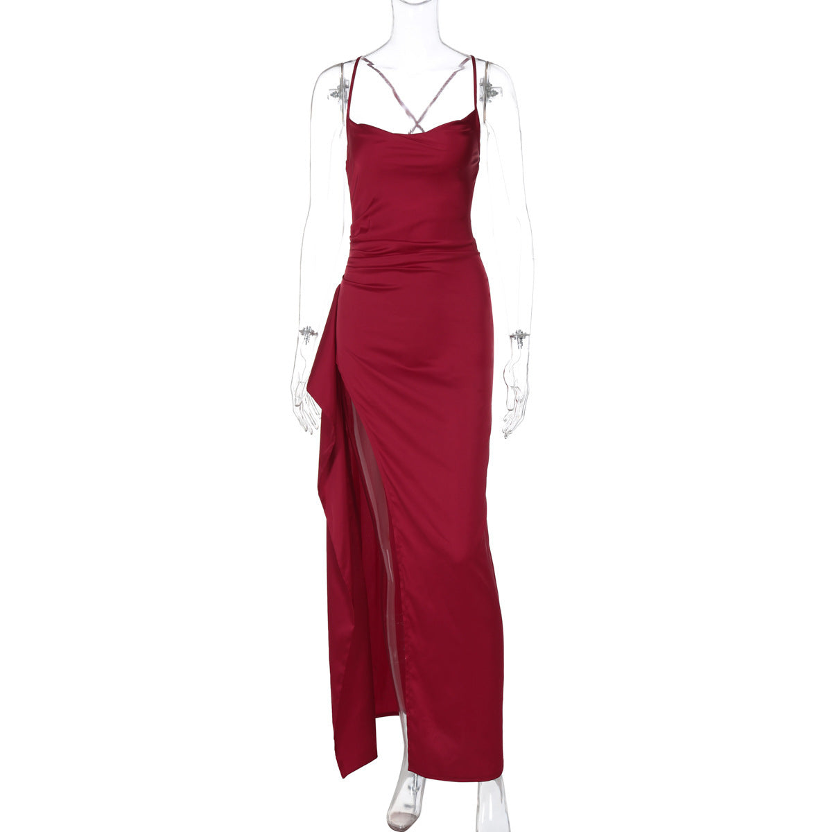 European and American Cross-Border Women's Fashion Spaghetti Strap Backless Slit Tie-Back Slim Sexy Light Luxury Evening Long Dress
