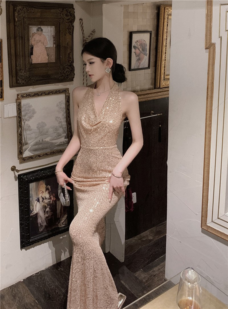 Light Luxury Style Heavy Industry Sequins Host Engagement Evening Dress Cross-Border Women's Autumn New Banquet Dress