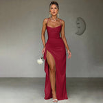 European and American Cross-Border Women's Fashion Spaghetti Strap Backless Slit Tie-Back Slim Sexy Light Luxury Evening Long Dress
