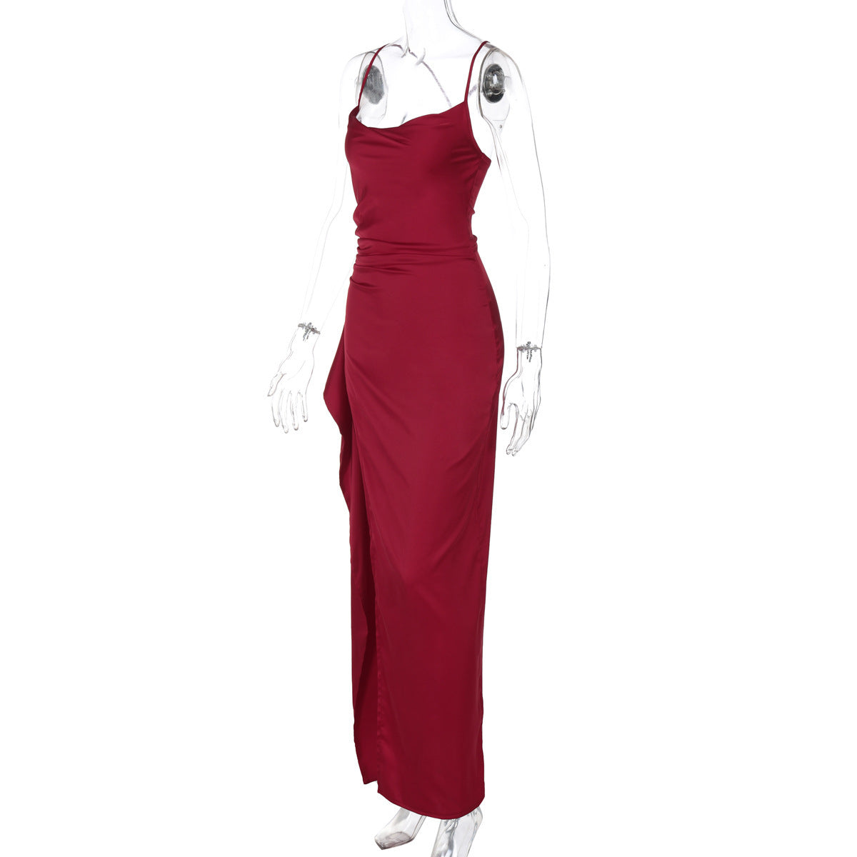 European and American Cross-Border Women's Fashion Spaghetti Strap Backless Slit Tie-Back Slim Sexy Light Luxury Evening Long Dress