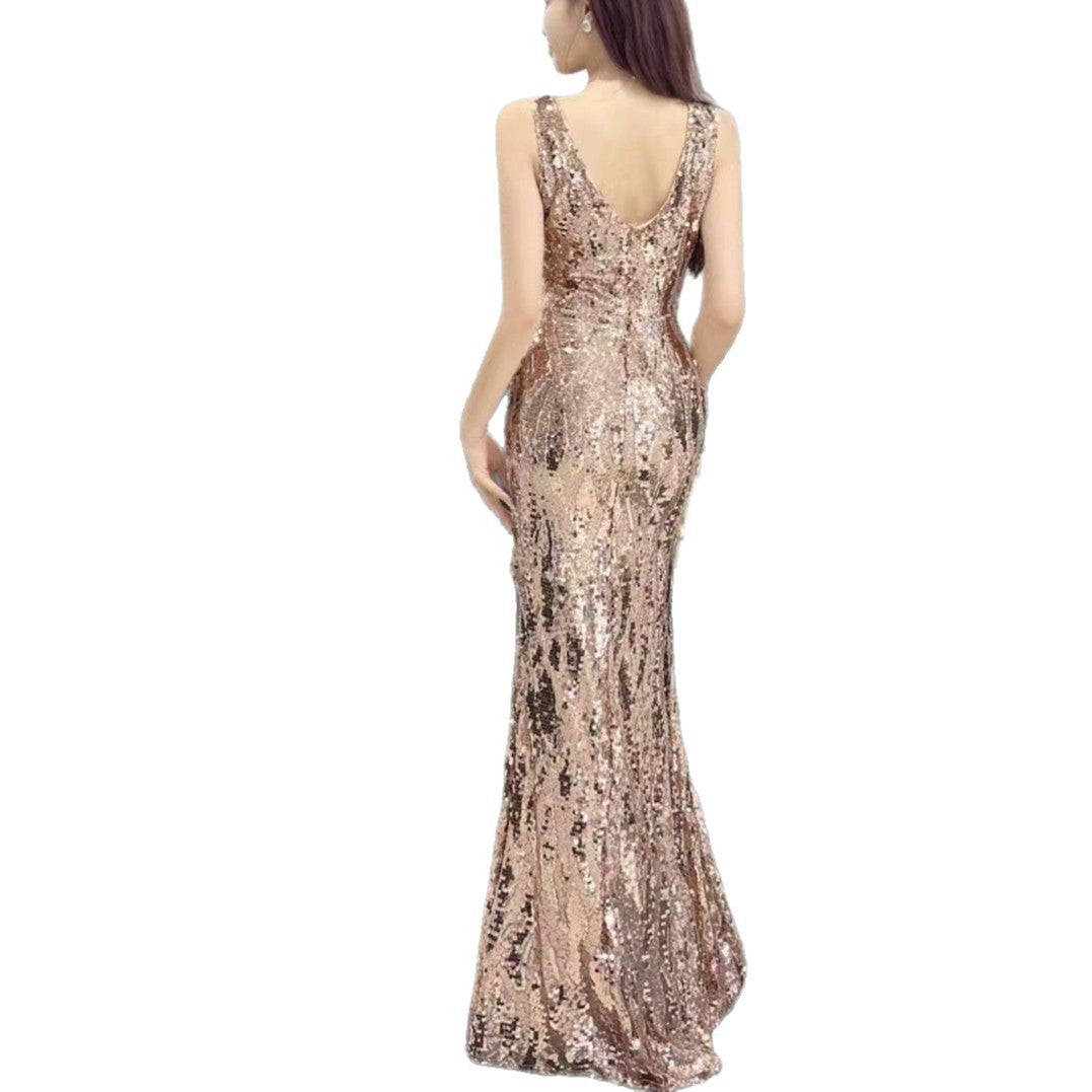 2026 Summer Korean Style Sexy Sequin Heavy Embellishment Strap Evening Dress Light Luxury Niche High-End Party Dress 8310