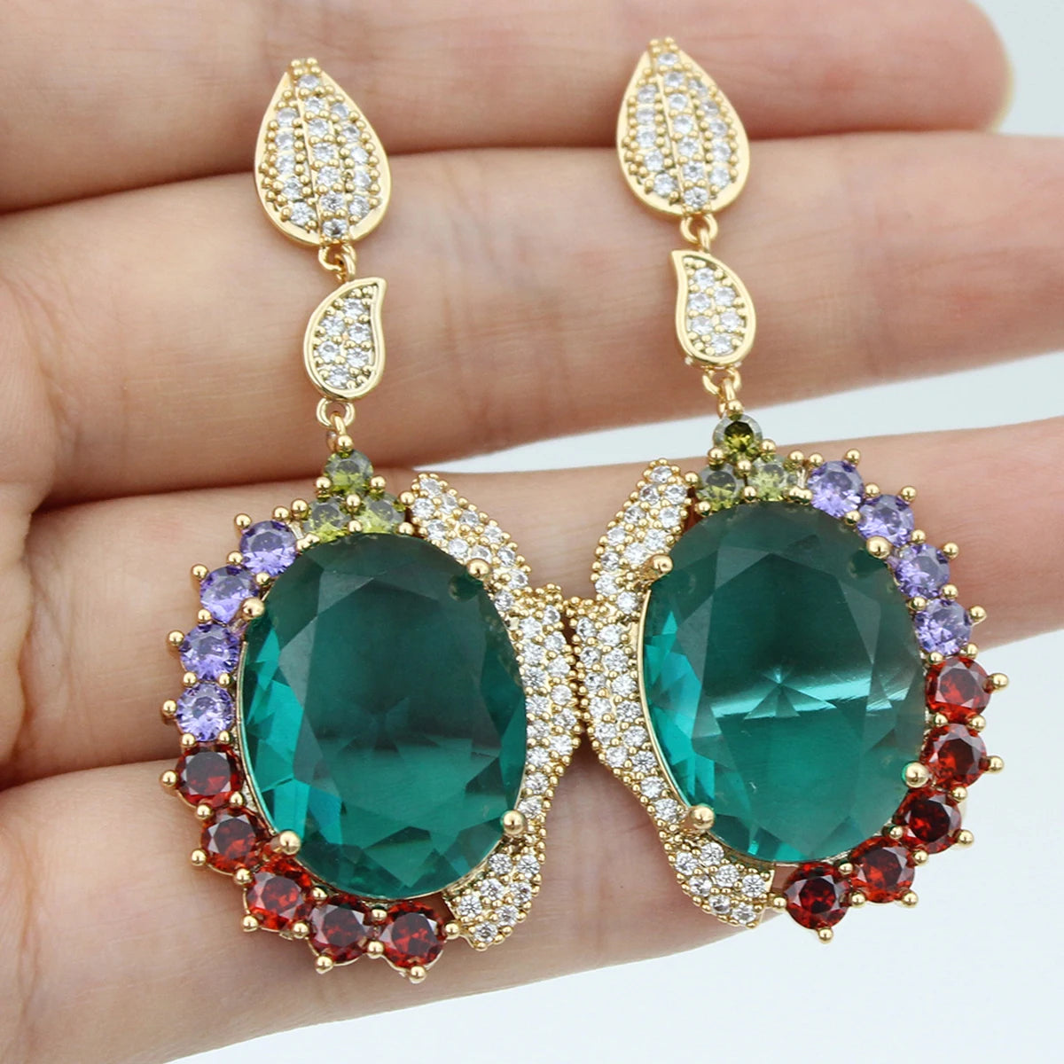 Big Round Drop Earrings Women Luxury Jewelry Shiny Zircon Wedding Bride Dinner Party Green Orange White Dangle Earrings