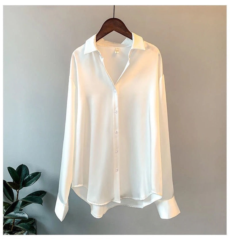 Casual Office Lady Silk Blouses Autumn Long Sleeve Button Up Shirt Women Elegant Winter Tops Office Lady Acetate Blouse