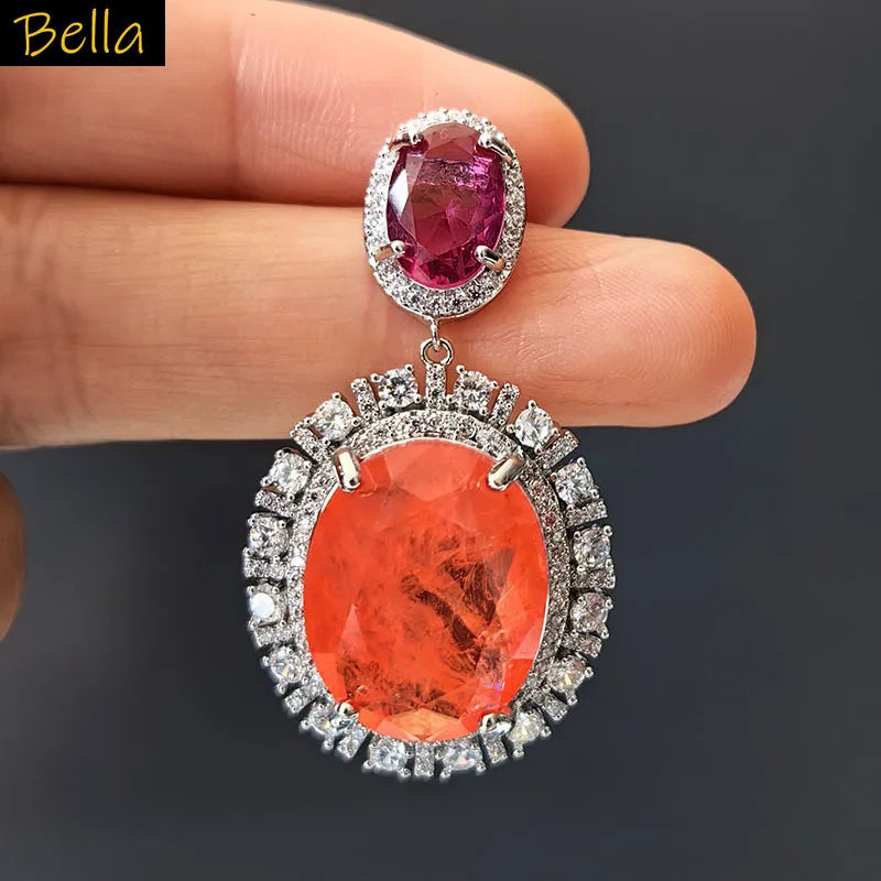 Big Round Drop Earrings Women Luxury Jewelry Shiny Zircon Wedding Bride Dinner Party Green Orange White Dangle Earrings
