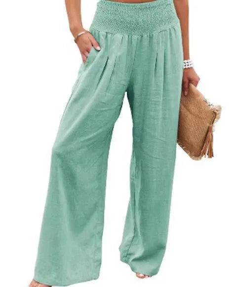 Women's Solid Summer Pants High Waist Thin Casual Loose Wide Leg Vintage Pants Pantalones De Mujer Work Business Casual Trousers