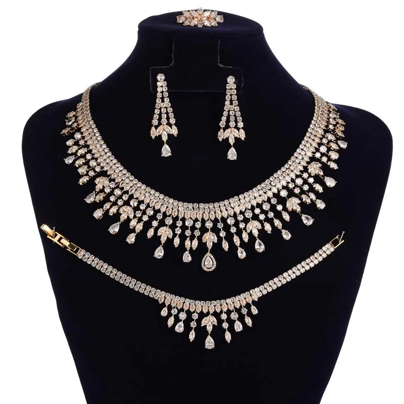 Luxurious Wedding Jewelry Sets HADIYANA Bridal Jewelery Drop Bracelet Earring Necklace And Ring Set BN8963 Dress Accessories