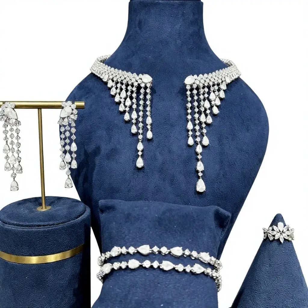 Bride Talk 4Pcs Bridal Jewelry Set with Sparkling Tassel CZ - Statement Necklace Earrings Bracelet Ring - Luxury Yellow White We