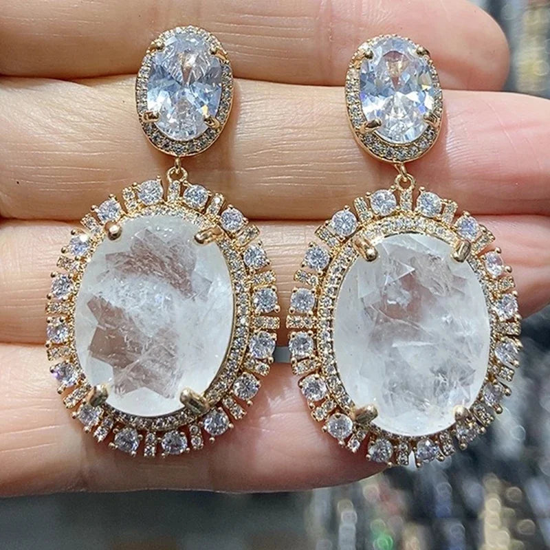 Big Round Drop Earrings Women Luxury Jewelry Shiny Zircon Wedding Bride Dinner Party Green Orange White Dangle Earrings