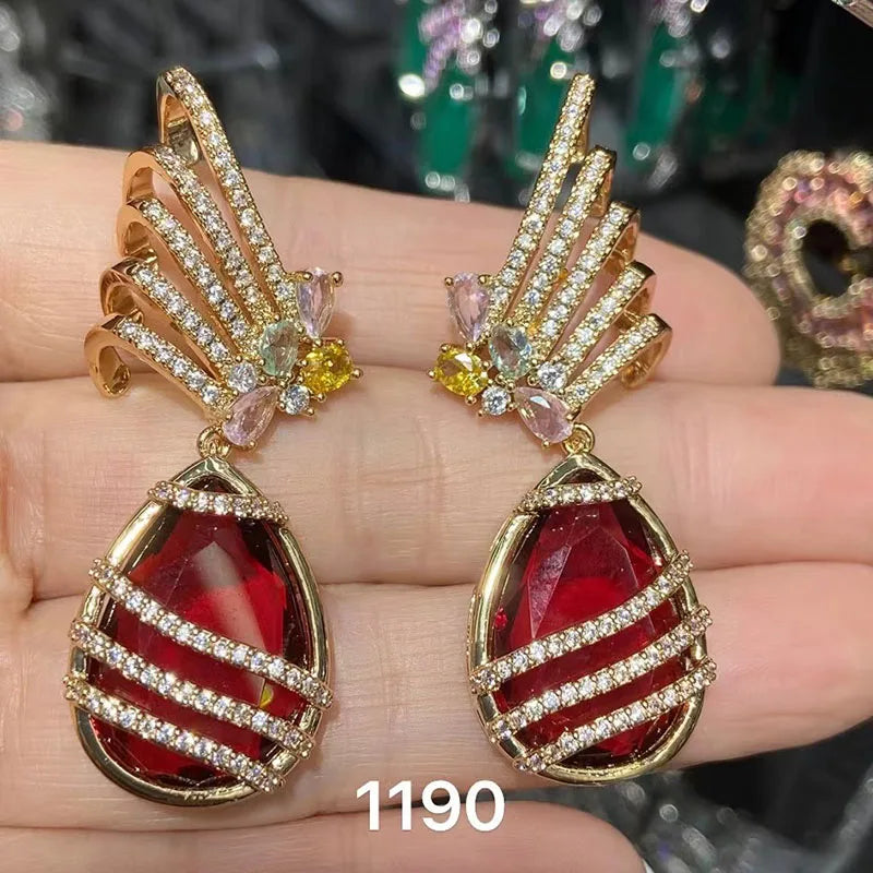 Big Round Drop Earrings Women Luxury Jewelry Shiny Zircon Wedding Bride Dinner Party Green Orange White Dangle Earrings