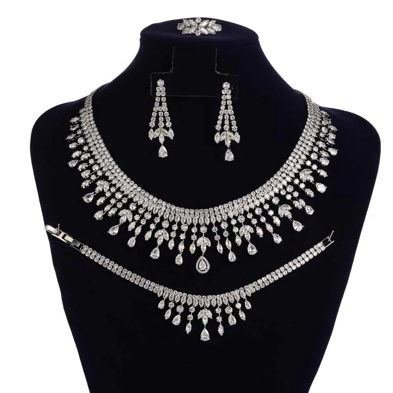 Luxurious Wedding Jewelry Sets HADIYANA Bridal Jewelery Drop Bracelet Earring Necklace And Ring Set BN8963 Dress Accessories