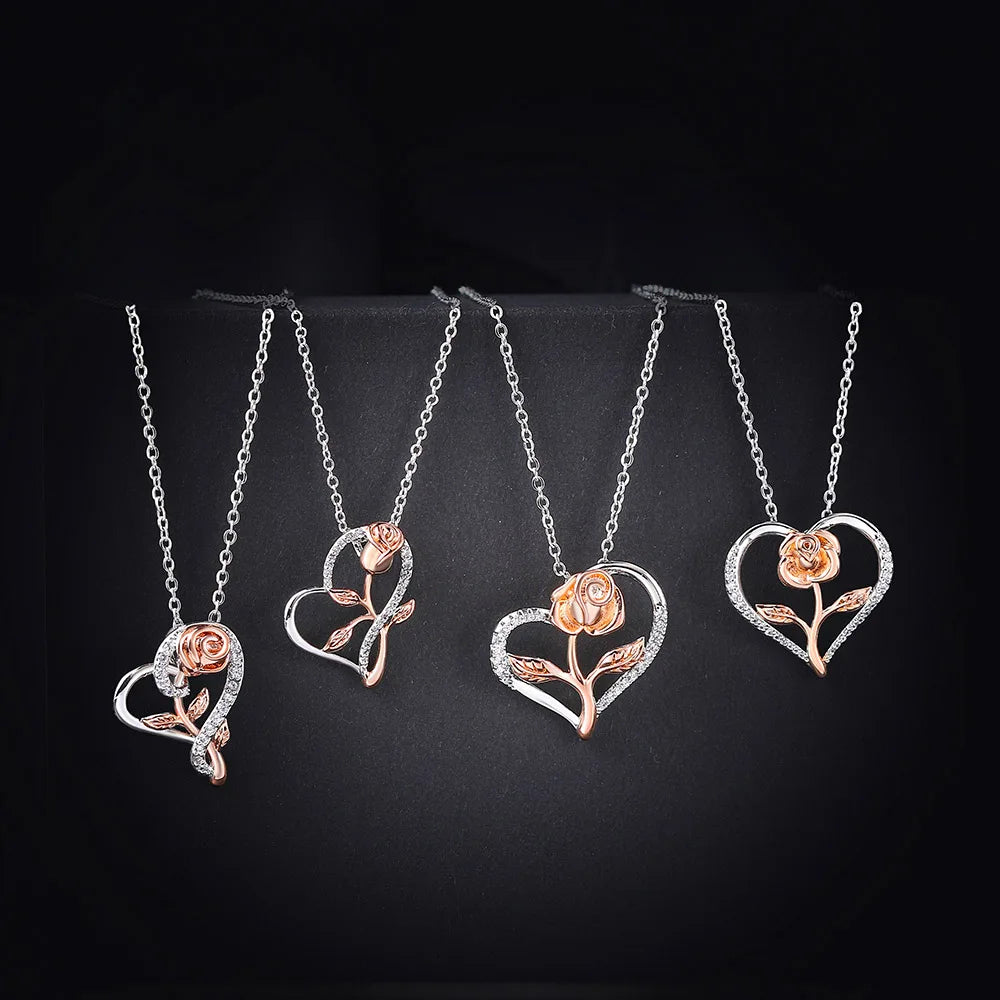 Pendant Heart Necklaces For Women Zircon Aesthetic Rose Flower Choker Chains Silver Color Gifts jewelry Wholesale N172