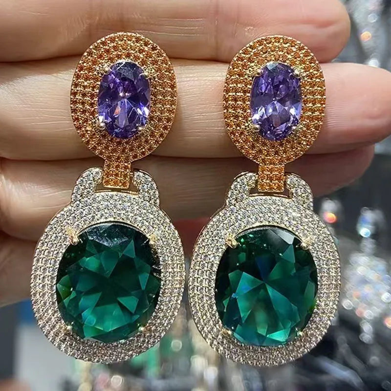 Big Round Drop Earrings Women Luxury Jewelry Shiny Zircon Wedding Bride Dinner Party Green Orange White Dangle Earrings