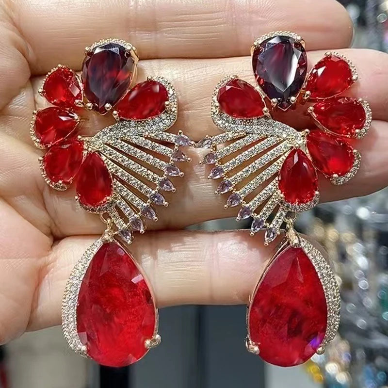 Big Round Drop Earrings Women Luxury Jewelry Shiny Zircon Wedding Bride Dinner Party Green Orange White Dangle Earrings