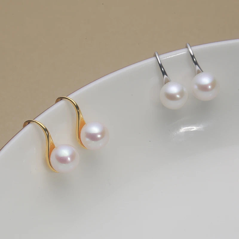 Classic 925 Sterling Silver Ear Hook Natural Freshwater Pearl Round Pearl Earring Jewelry 5A Earring Ear Hook Akoya Pearl EAT