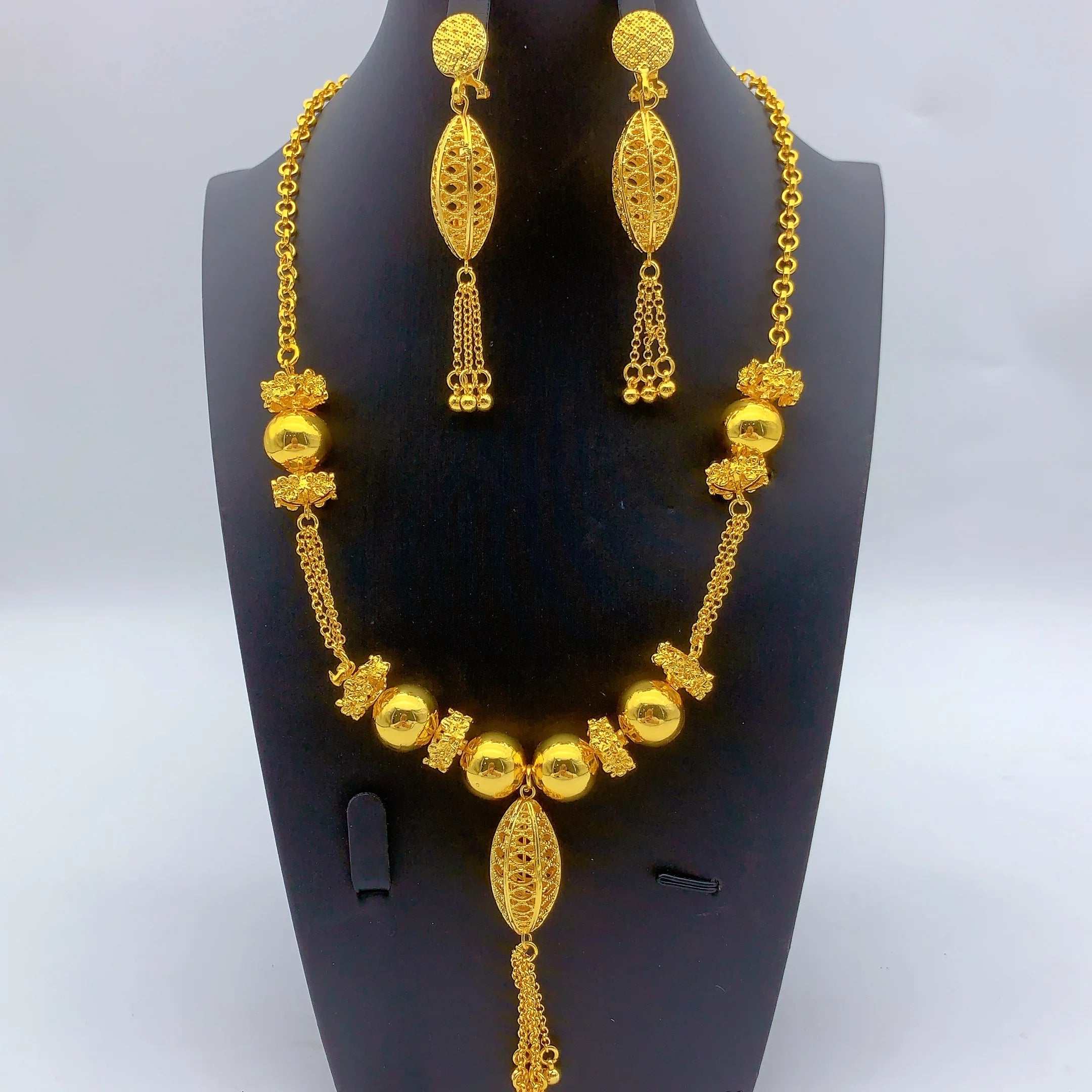 Brazilian 24k Gold Plated Jewelry Set For Women Wedding Long Bead Necklace Earrings Jewellery Dubai Nigerian Bridal Sets