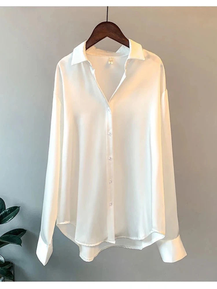 Casual Office Lady Silk Blouses Autumn Long Sleeve Button Up Shirt Women Elegant Winter Tops Office Lady Acetate Blouse
