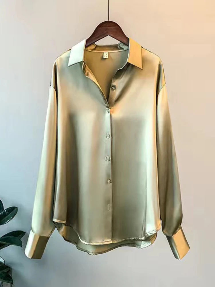 Casual Office Lady Silk Blouses Autumn Long Sleeve Button Up Shirt Women Elegant Winter Tops Office Lady Acetate Blouse