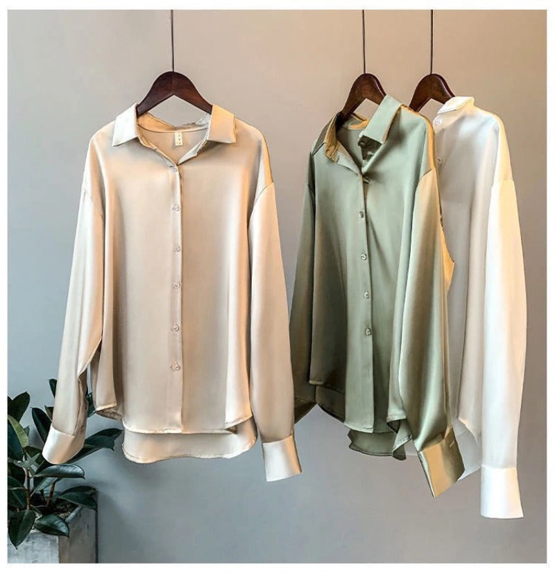 Casual Office Lady Silk Blouses Autumn Long Sleeve Button Up Shirt Women Elegant Winter Tops Office Lady Acetate Blouse