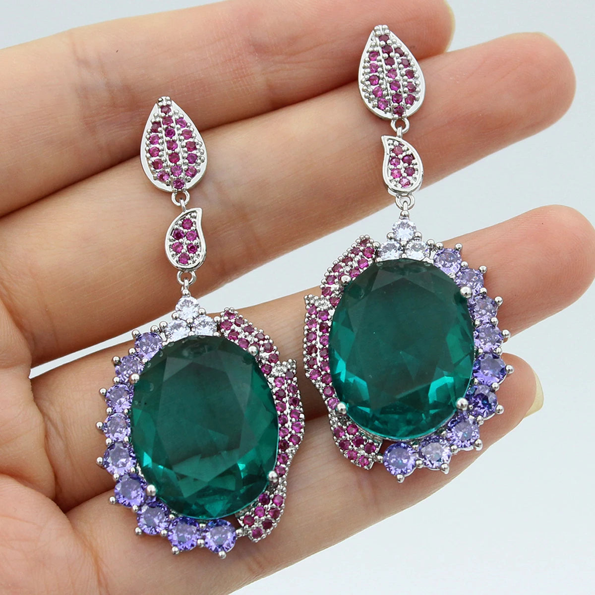 Big Round Drop Earrings Women Luxury Jewelry Shiny Zircon Wedding Bride Dinner Party Green Orange White Dangle Earrings