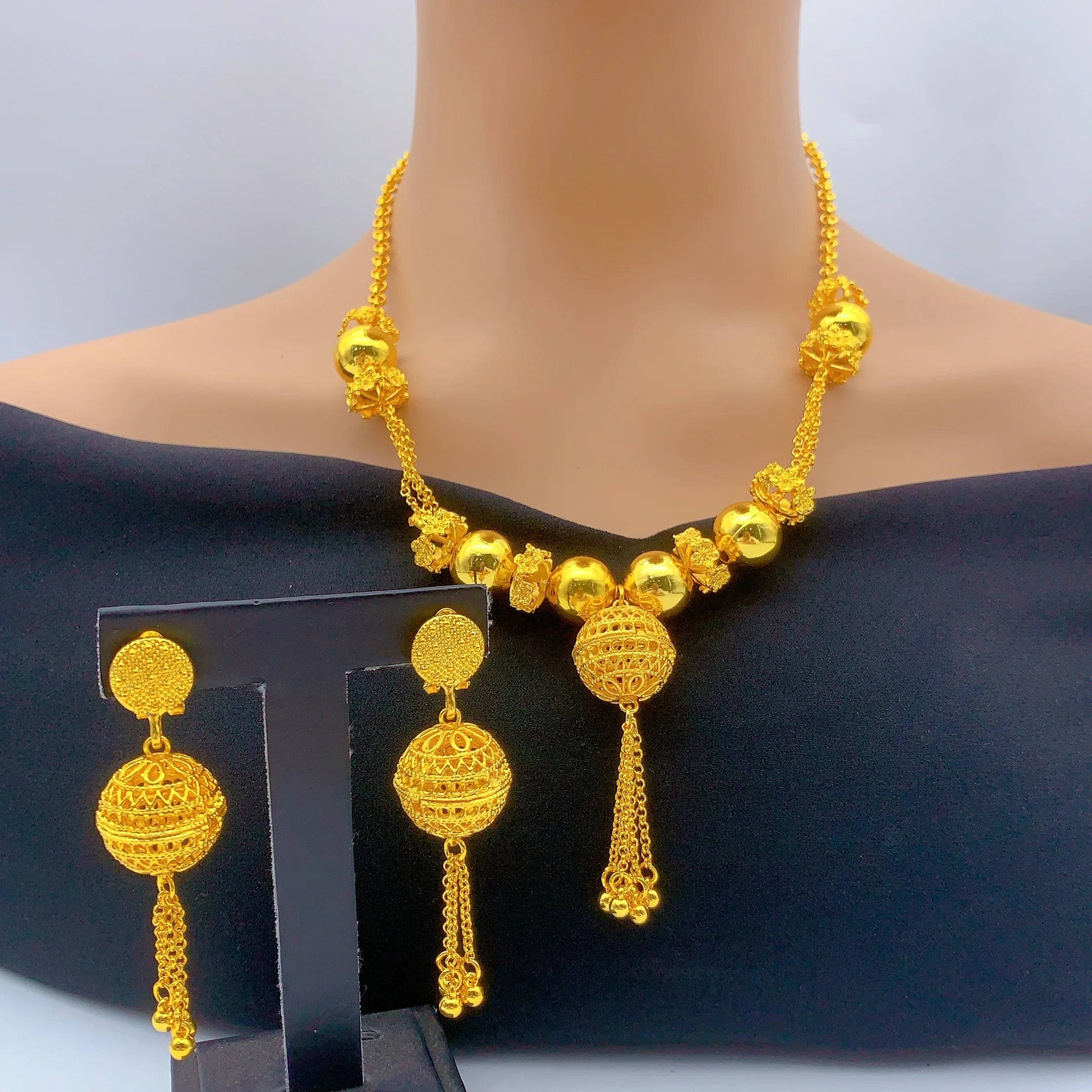 Brazilian 24k Gold Plated Jewelry Set For Women Wedding Long Bead Necklace Earrings Jewellery Dubai Nigerian Bridal Sets