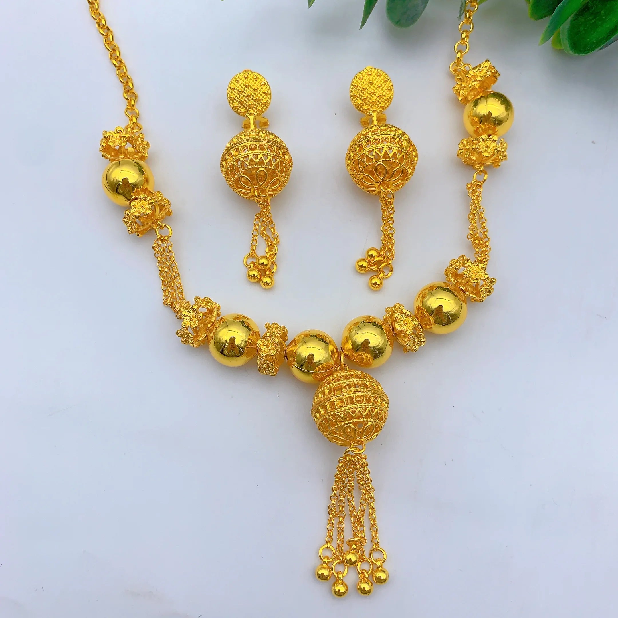 Brazilian 24k Gold Plated Jewelry Set For Women Wedding Long Bead Necklace Earrings Jewellery Dubai Nigerian Bridal Sets