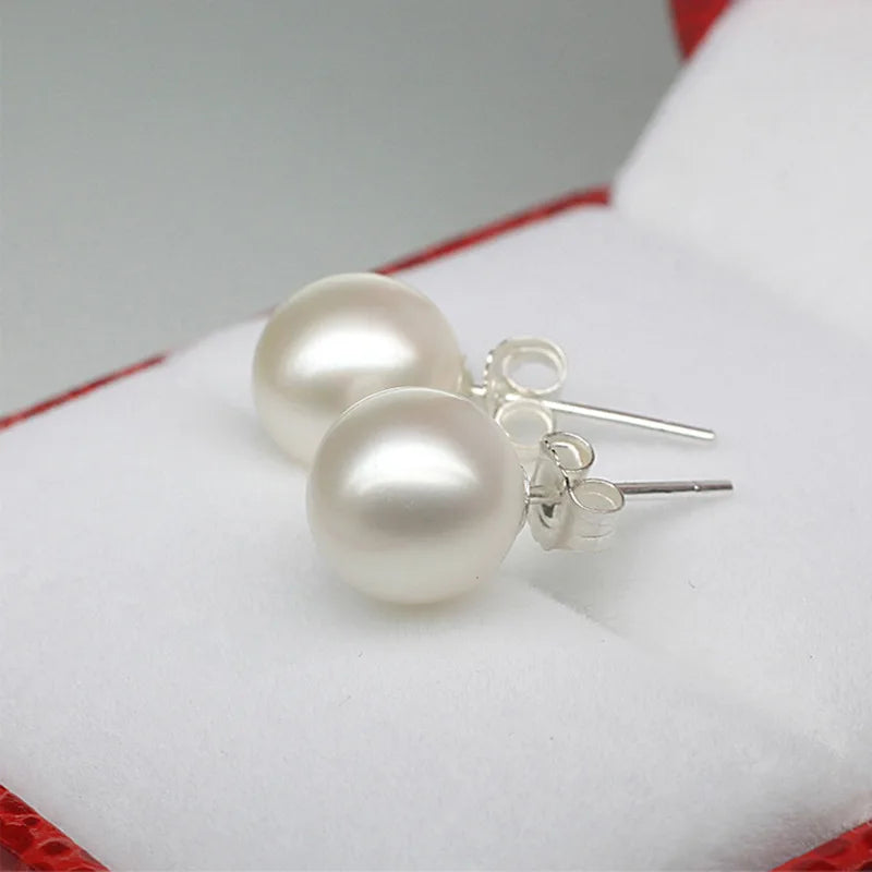925 Sterling Silver 6-12MM Pearl Ear Studs Earrings For Women Wedding Engagement Party Fashion Charm Jewelry