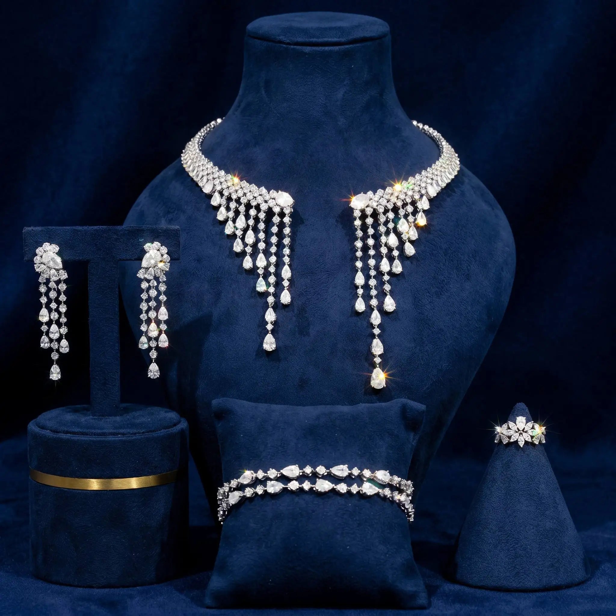 Bride Talk 4Pcs Bridal Jewelry Set with Sparkling Tassel CZ - Statement Necklace Earrings Bracelet Ring - Luxury Yellow White We