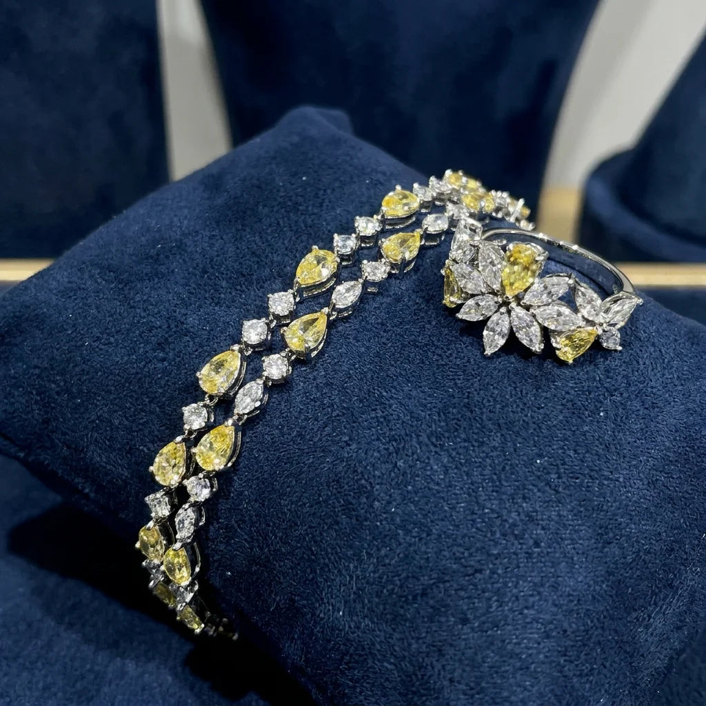 Bride Talk 4Pcs Bridal Jewelry Set with Sparkling Tassel CZ - Statement Necklace Earrings Bracelet Ring - Luxury Yellow White We