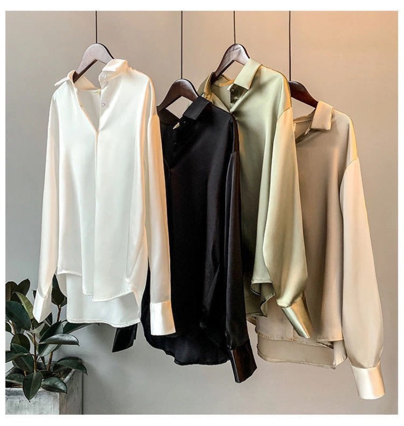 Casual Office Lady Silk Blouses Autumn Long Sleeve Button Up Shirt Women Elegant Winter Tops Office Lady Acetate Blouse