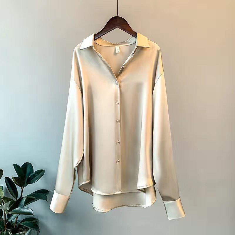 Casual Office Lady Silk Blouses Autumn Long Sleeve Button Up Shirt Women Elegant Winter Tops Office Lady Acetate Blouse