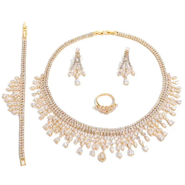 Luxurious Wedding Jewelry Sets HADIYANA Bridal Jewelery Drop Bracelet Earring Necklace And Ring Set BN8963 Dress Accessories