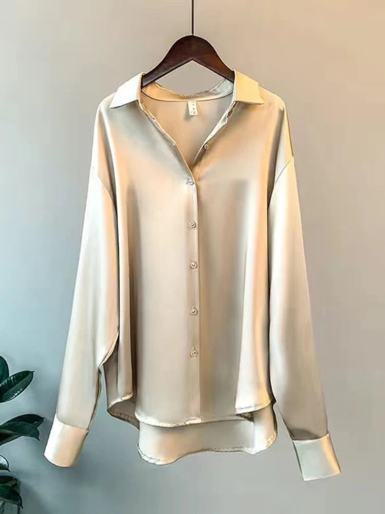 Casual Office Lady Silk Blouses Autumn Long Sleeve Button Up Shirt Women Elegant Winter Tops Office Lady Acetate Blouse