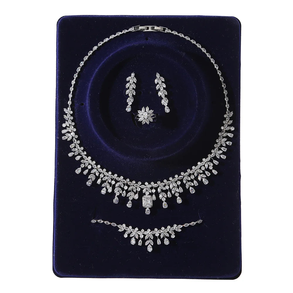 4pcs Bridal Jewelry Sets For Wedding Zirconia CZ Saudi Dubai Indian Necklace Earring Bracelet Set For Women Party Prom Jewelley
