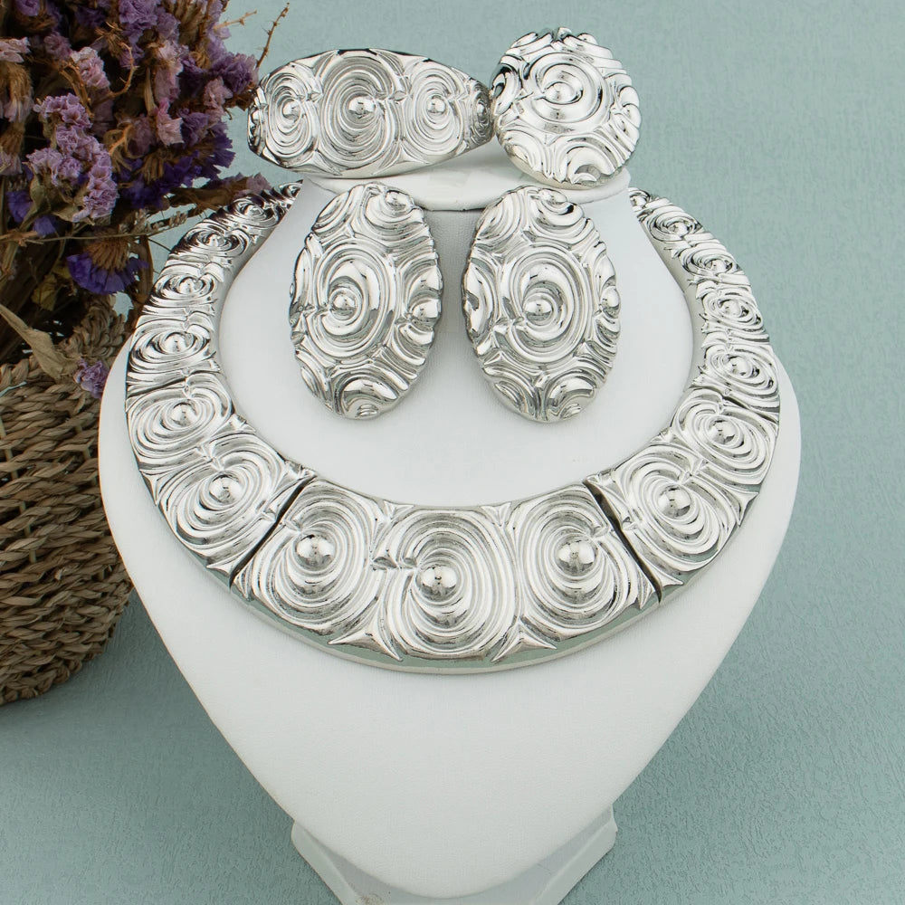 Dubai Big Jewelry Set Design for Women Wedding Bride Necklace Brazili Gold Plated Collor Earrings Bracelet Ring for Party Gift