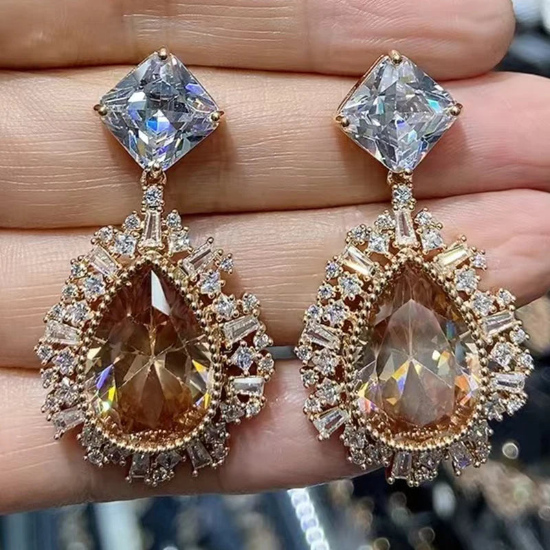 Big Round Drop Earrings Women Luxury Jewelry Shiny Zircon Wedding Bride Dinner Party Green Orange White Dangle Earrings