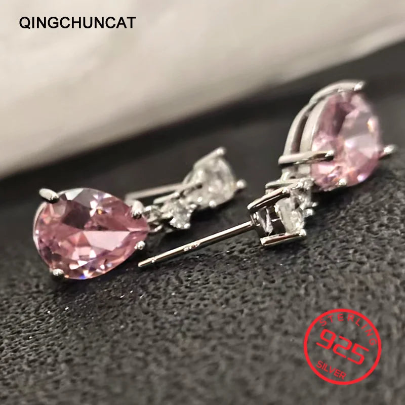 Drop Earrings Women Engagement Party Exquisite Ear Accessories Fashion Jewelry Temperament Sweet Pink Pear Cubic Zirconia