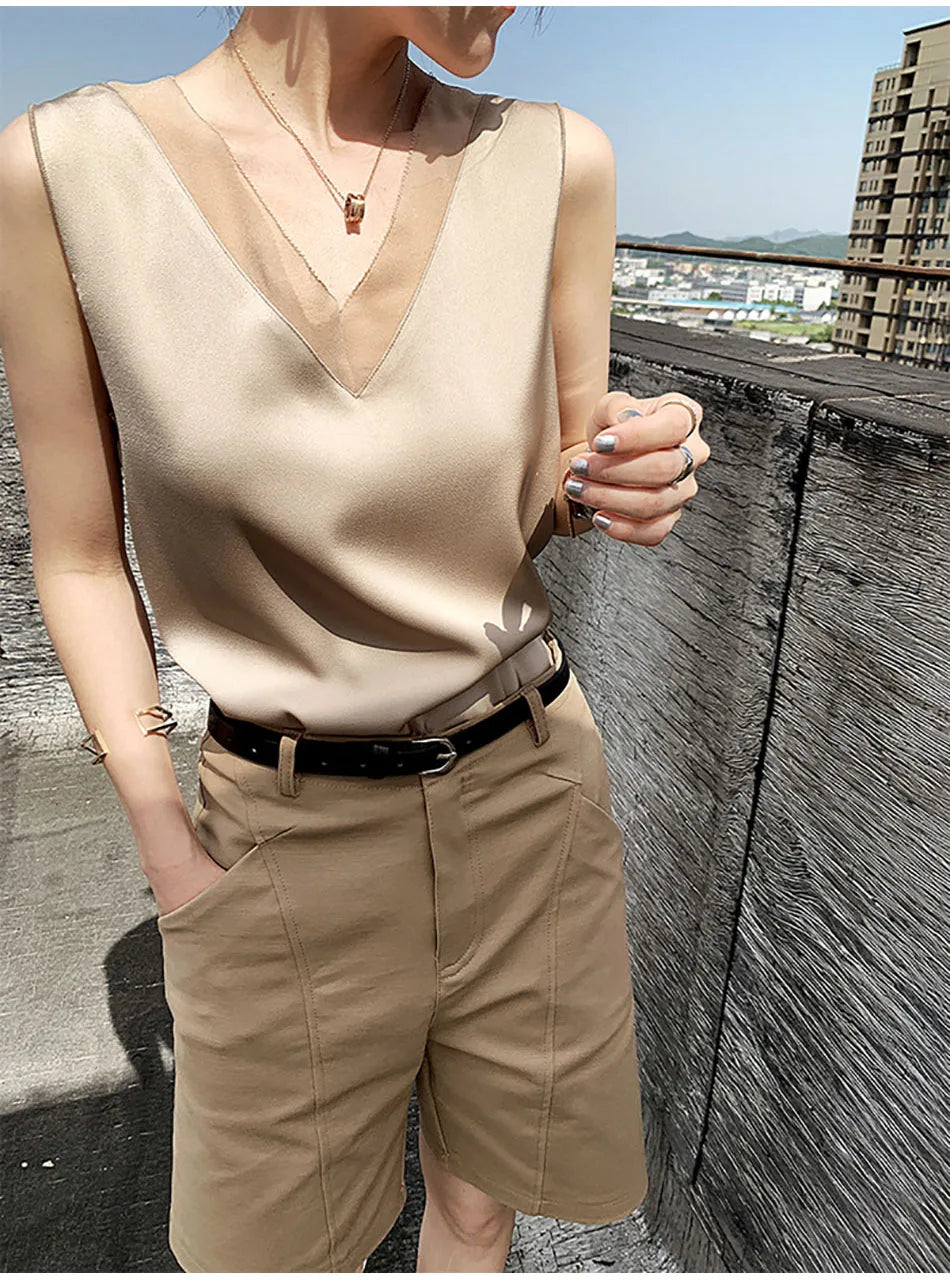 Women's Black Blouses Summer Elegant Tunic Vintage Office Satin Silk Blouse Basic Chiffon Tops Shirt 2025 For Women