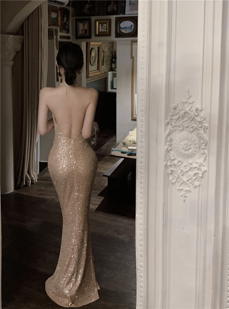 Light Luxury Style Heavy Industry Sequins Host Engagement Evening Dress Cross-Border Women's Autumn New Banquet Dress