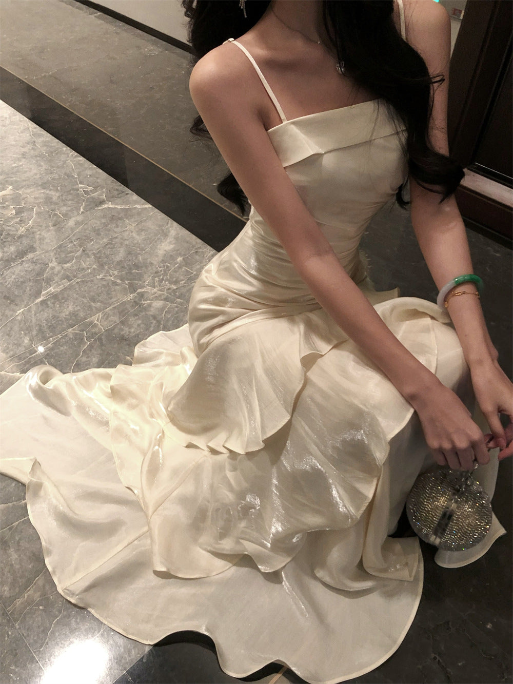 French High-end Long Ruffled Niche Light Luxury Slim-fit Sling dress Adult Ceremony Fishtail Birthday Gown