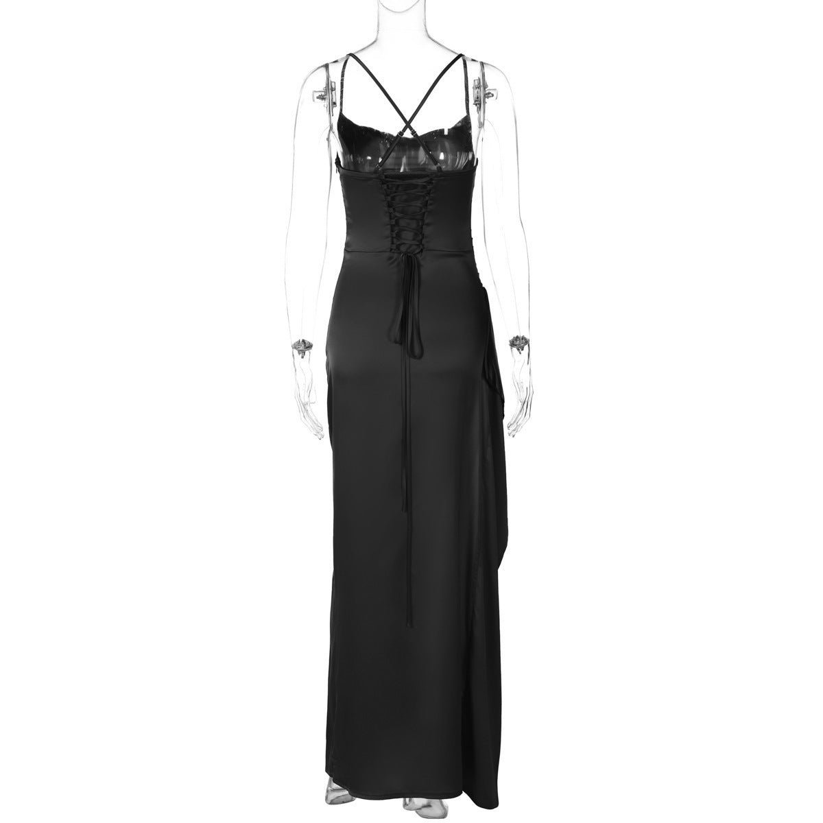 European and American Cross-Border Women's Fashion Spaghetti Strap Backless Slit Tie-Back Slim Sexy Light Luxury Evening Long Dress
