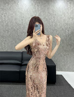 2026 Summer Korean Style Sexy Sequin Heavy Embellishment Strap Evening Dress Light Luxury Niche High-End Party Dress 8310