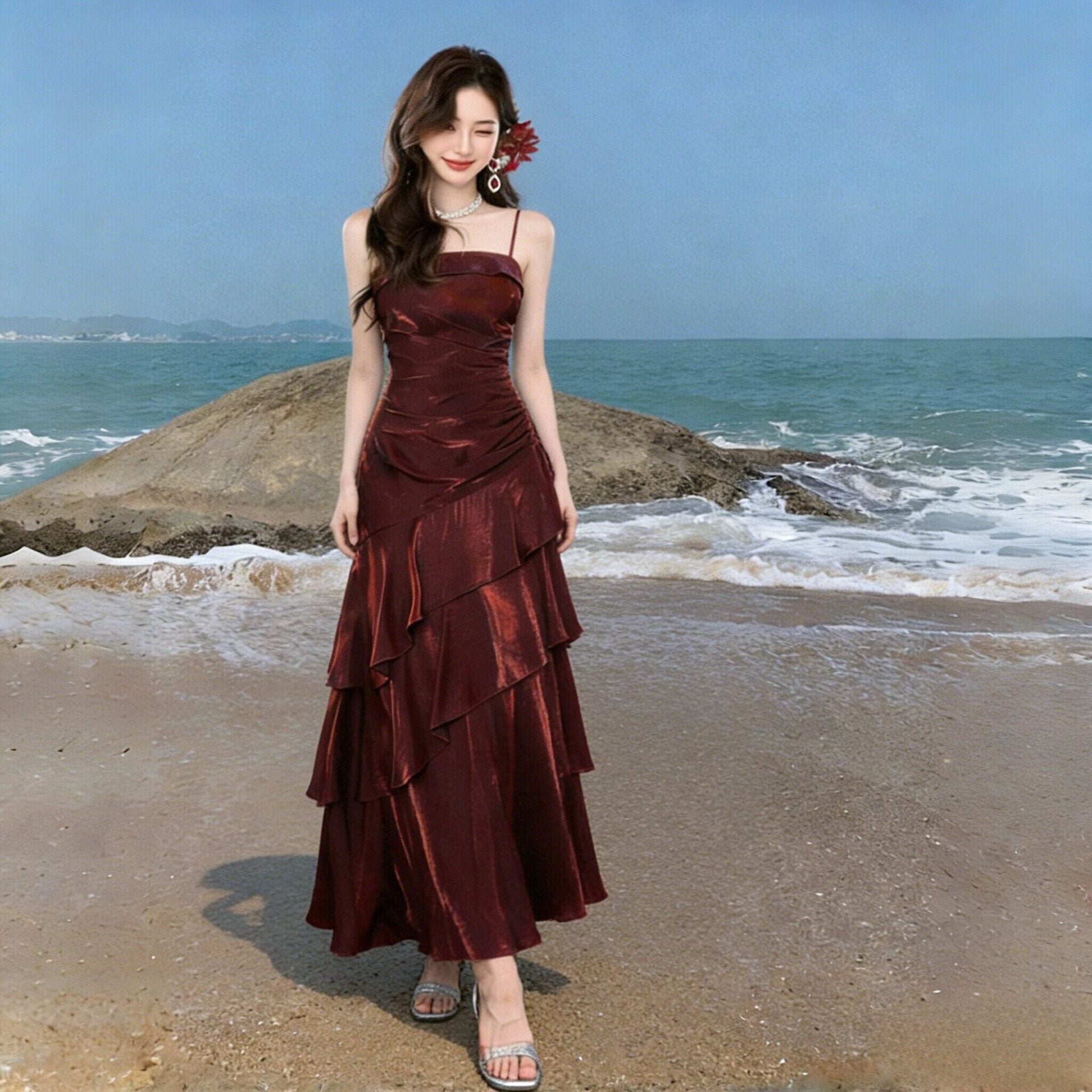 French High-end Long Ruffled Niche Light Luxury Slim-fit Sling dress Adult Ceremony Fishtail Birthday Gown