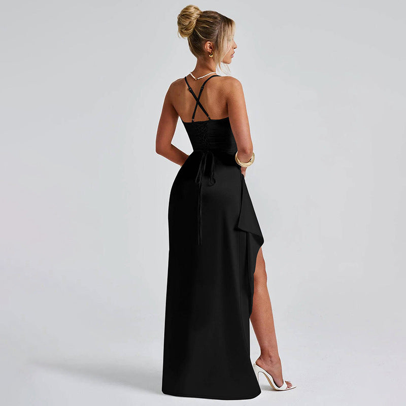European and American Cross-Border Women's Fashion Spaghetti Strap Backless Slit Tie-Back Slim Sexy Light Luxury Evening Long Dress
