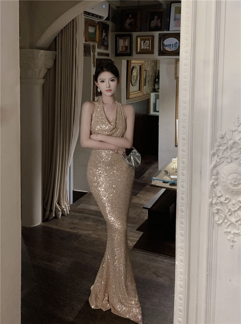 Light Luxury Style Heavy Industry Sequins Host Engagement Evening Dress Cross-Border Women's Autumn New Banquet Dress