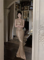 Light Luxury Style Heavy Industry Sequins Host Engagement Evening Dress Cross-Border Women's Autumn New Banquet Dress