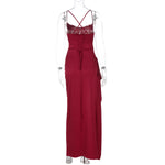 European and American Cross-Border Women's Fashion Spaghetti Strap Backless Slit Tie-Back Slim Sexy Light Luxury Evening Long Dress